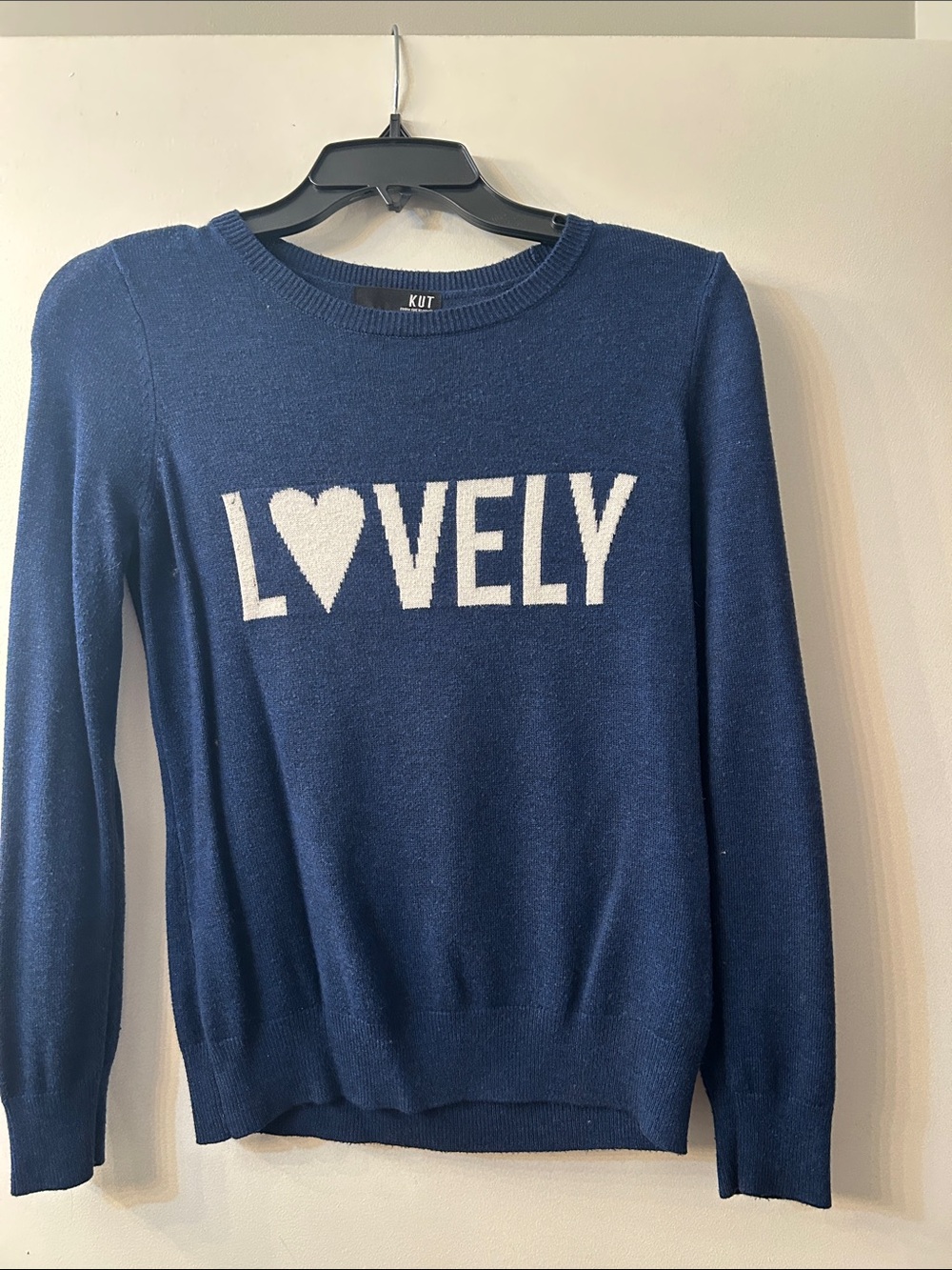 Kut from the Kloth Navy Sweater with White LOVELY Heart Graphic